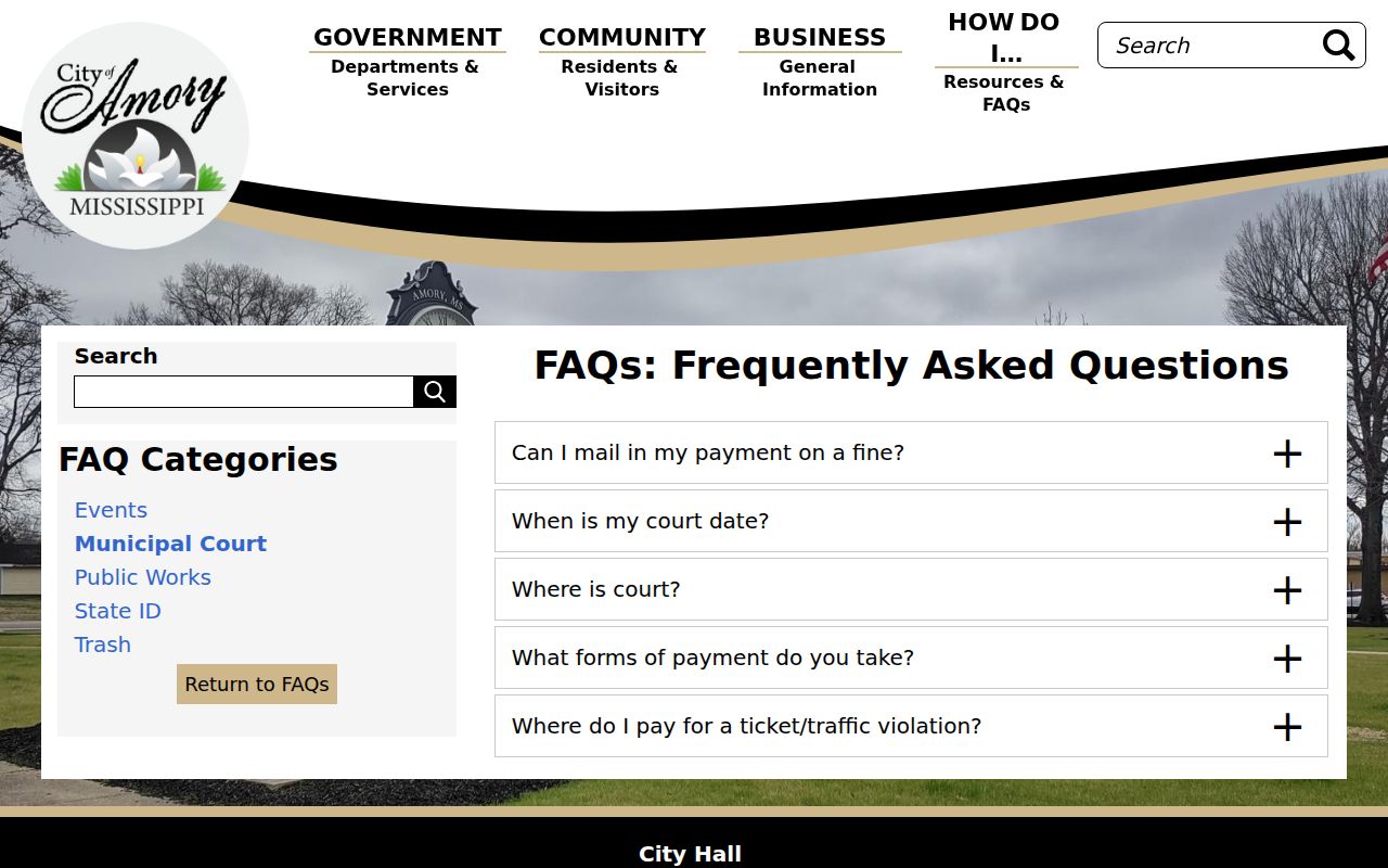 Amory court docket FAQ showing municipal court time and location