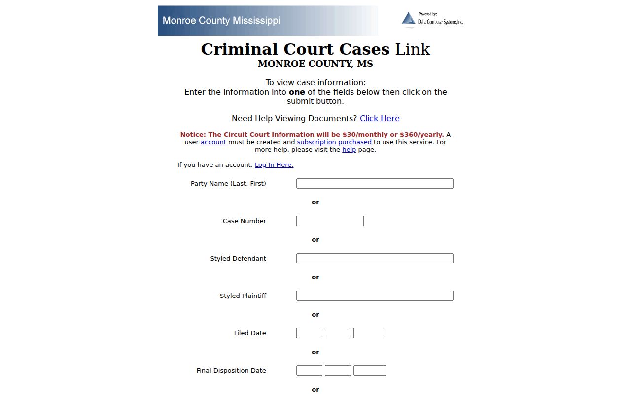 Monroe County case search criminal form fields