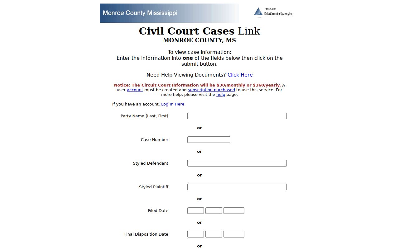 Monroe County civil docket Delta search field source capture